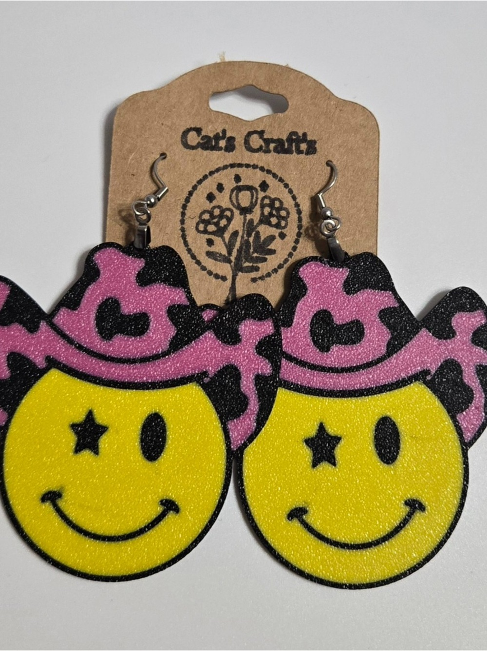 Pink & Yellow Cowboy Smile Face Earrings - Kids Accessories